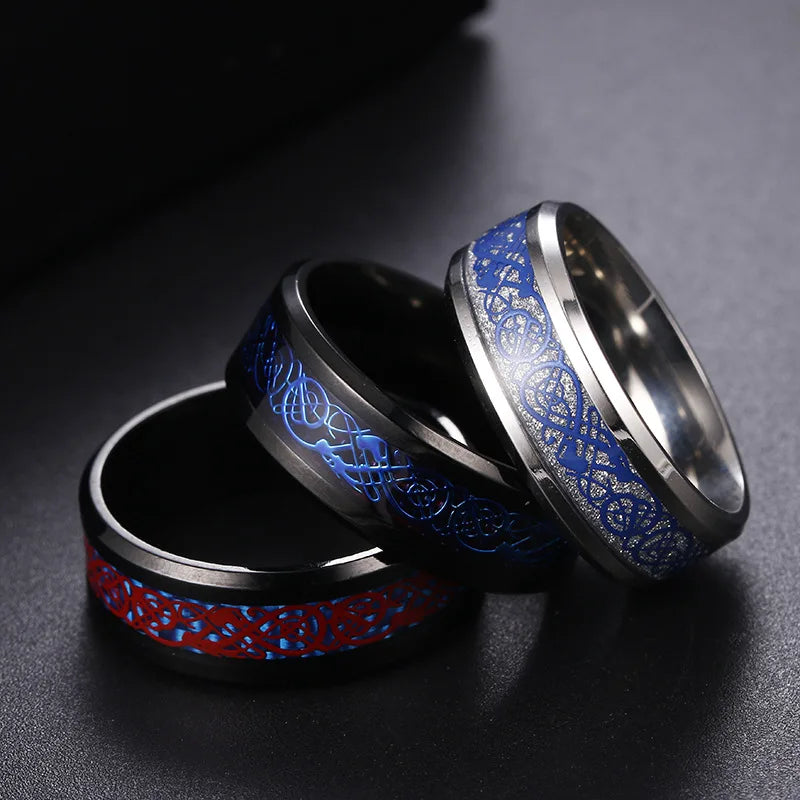 Stainless Steel Inlay Red Carbon Fibre Rings For Men Tungsten Black Wedding Viking Dragon Rings Accessories Anillo Hombre