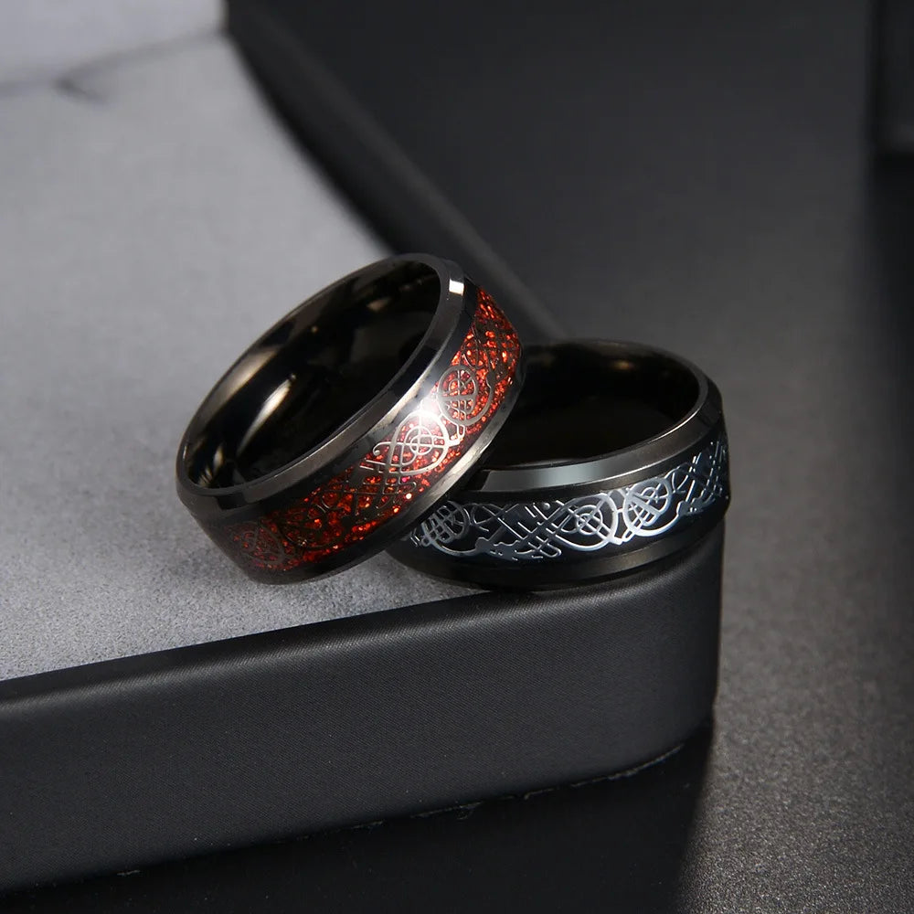 Stainless Steel Inlay Red Carbon Fibre Rings For Men Tungsten Black Wedding Viking Dragon Rings Accessories Anillo Hombre