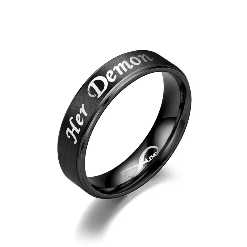 AsJerlya 6mm Couple Rings Her Demon His Angel Black Ring For Women Ανδρικά Ανοξείδωτα Αξεσουάρ κοσμημάτων Eternal LOVE