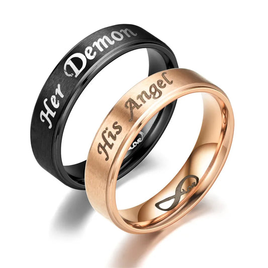 AsJerlya 6mm Couple Rings Her Demon His Angel Black Ring For Women Ανδρικά Ανοξείδωτα Αξεσουάρ κοσμημάτων Eternal LOVE