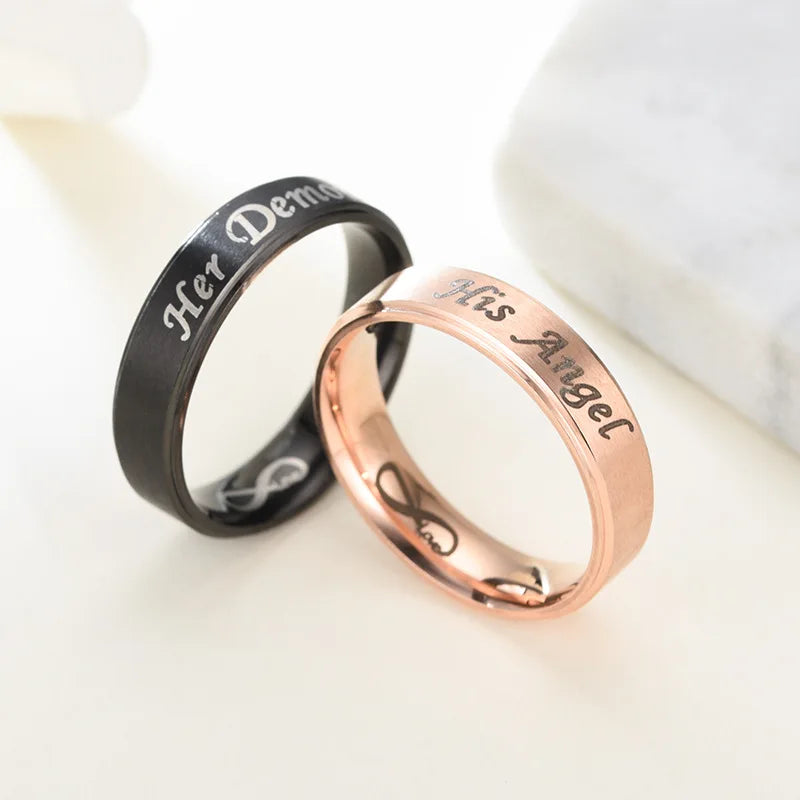 AsJerlya 6mm Couple Rings Her Demon His Angel Black Ring For Women Ανδρικά Ανοξείδωτα Αξεσουάρ κοσμημάτων Eternal LOVE