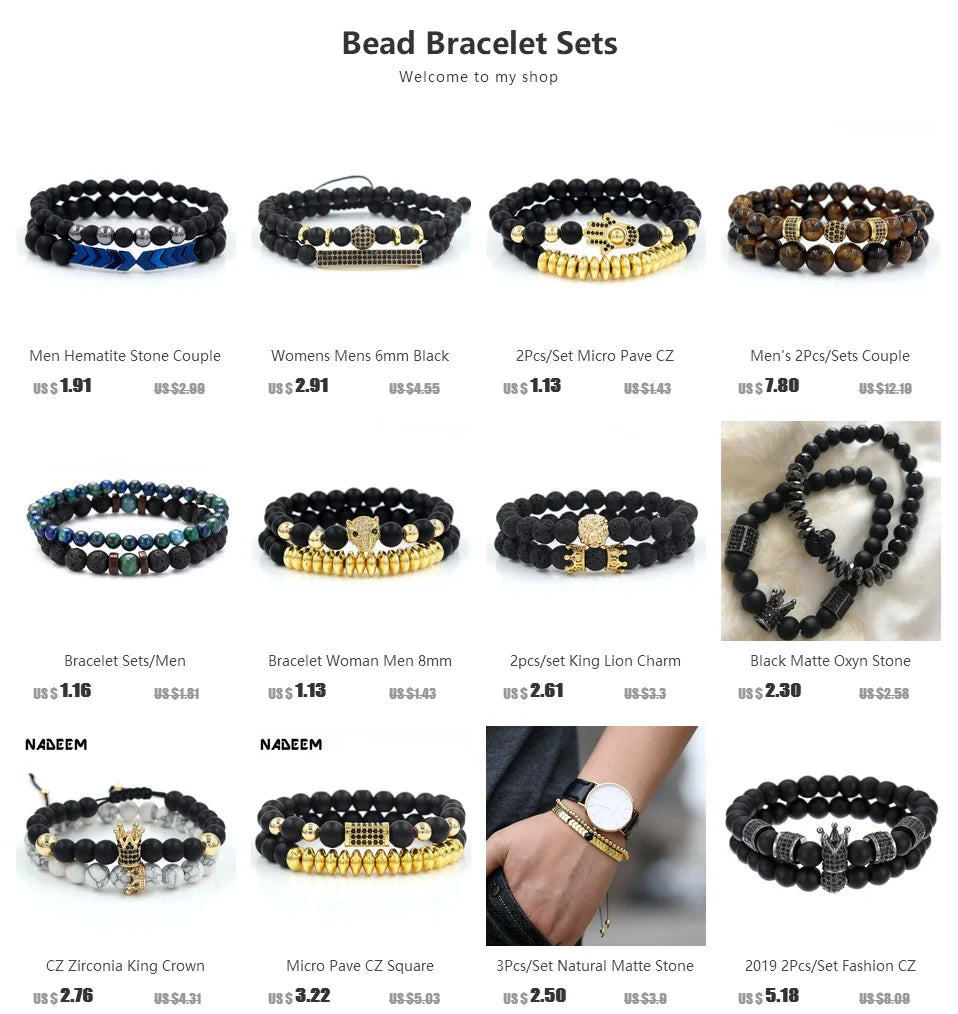 CZ Crown Charms Stone Beads Men Couple Bracelets Jewelry For Women 2Pcs/Set Bangles Sets Masculina Bileklik Pulseira Feminina