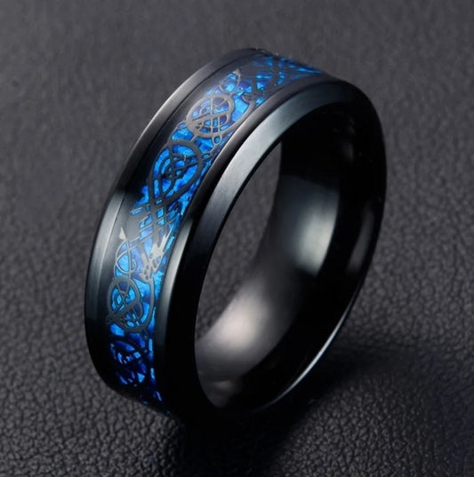 2024 Fashion Jewelry Stainless Steel Ring For Men/Women Accessories Gift Vintage Blue Carbon Fiber Dragon Design Wedding Band