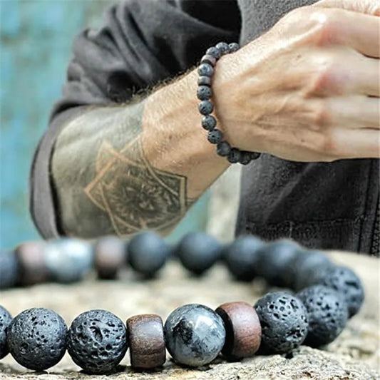 YIZIZAI Natural Lava Rock Stone Beads Strand Bracelet Wooden bead Accessories Black Charm Stone Men Women Jewelry Gift