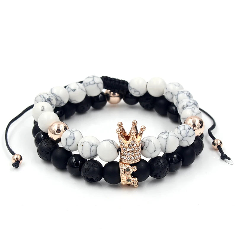 CZ Crown Charms Stone Beads Men Couple Bracelets Jewelry For Women 2Pcs/Set Bangles Sets Masculina Bileklik Pulseira Feminina