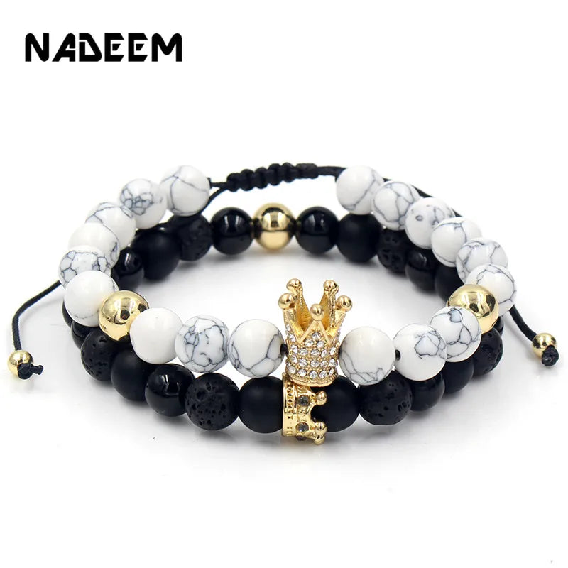 CZ Crown Charms Stone Beads Men Couple Bracelets Jewelry For Women 2Pcs/Set Bangles Sets Masculina Bileklik Pulseira Feminina