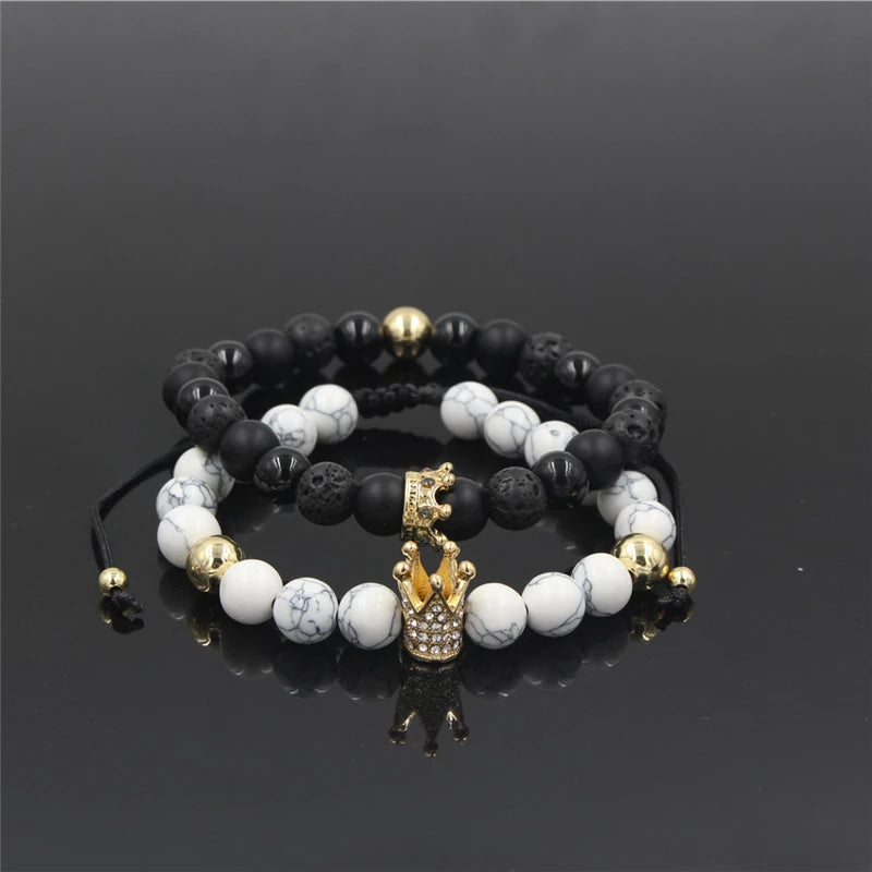 CZ Crown Charms Stone Beads Men Couple Bracelets Jewelry For Women 2Pcs/Set Bangles Sets Masculina Bileklik Pulseira Feminina