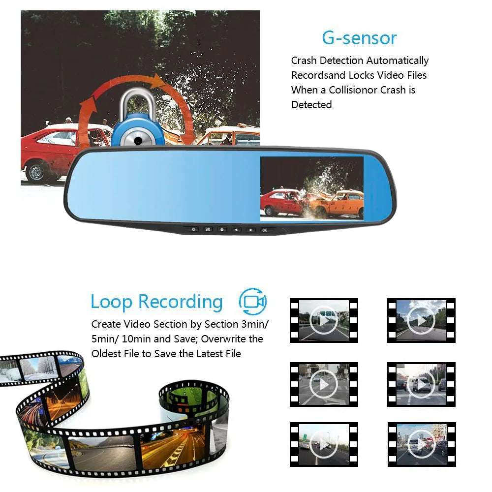 HGDO Rear View Mirror Recorder 3 in 1 Dash Cam  Anti glare Blue Mirror Car Dvr FHD 1080P Video Camera retrovisor con camara