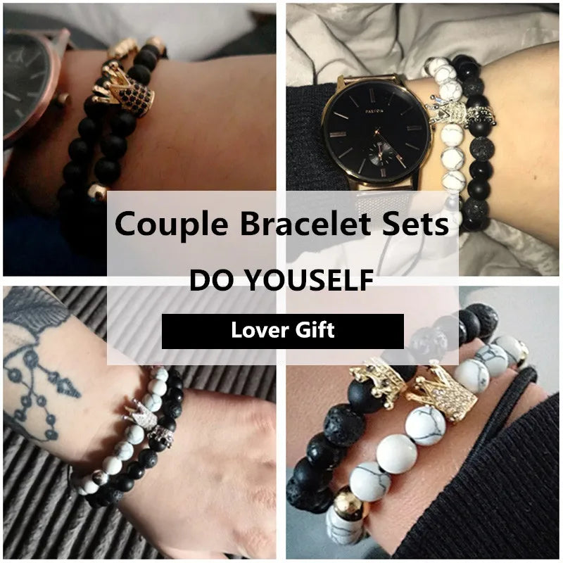 CZ Crown Charms Stone Beads Men Couple Bracelets Jewelry For Women 2Pcs/Set Bangles Sets Masculina Bileklik Pulseira Feminina