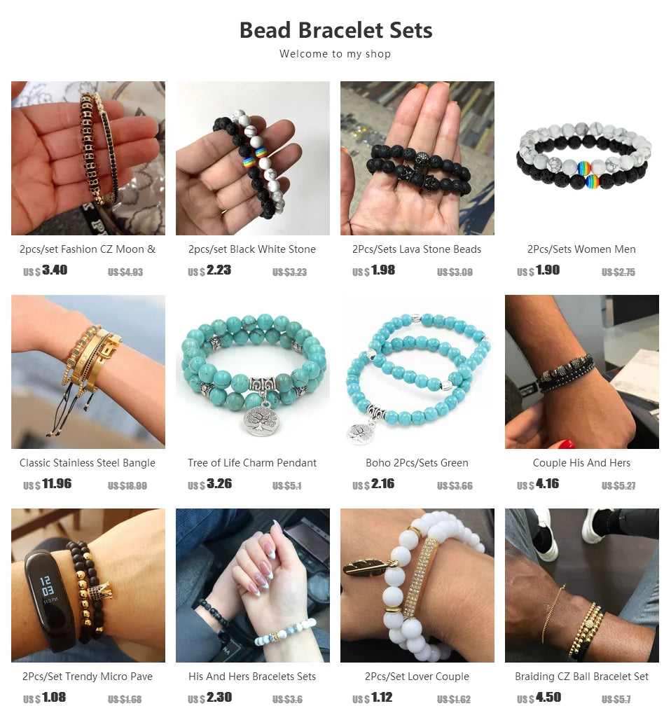 CZ Crown Charms Stone Beads Men Couple Bracelets Jewelry For Women 2Pcs/Set Bangles Sets Masculina Bileklik Pulseira Feminina