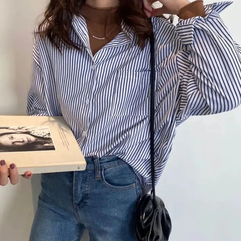 Lucyever Vintage Classic Striped Shirt Women Korean Loose Long Sleeve Office Ladies Shirts Autumn New Button Up Students Blusas