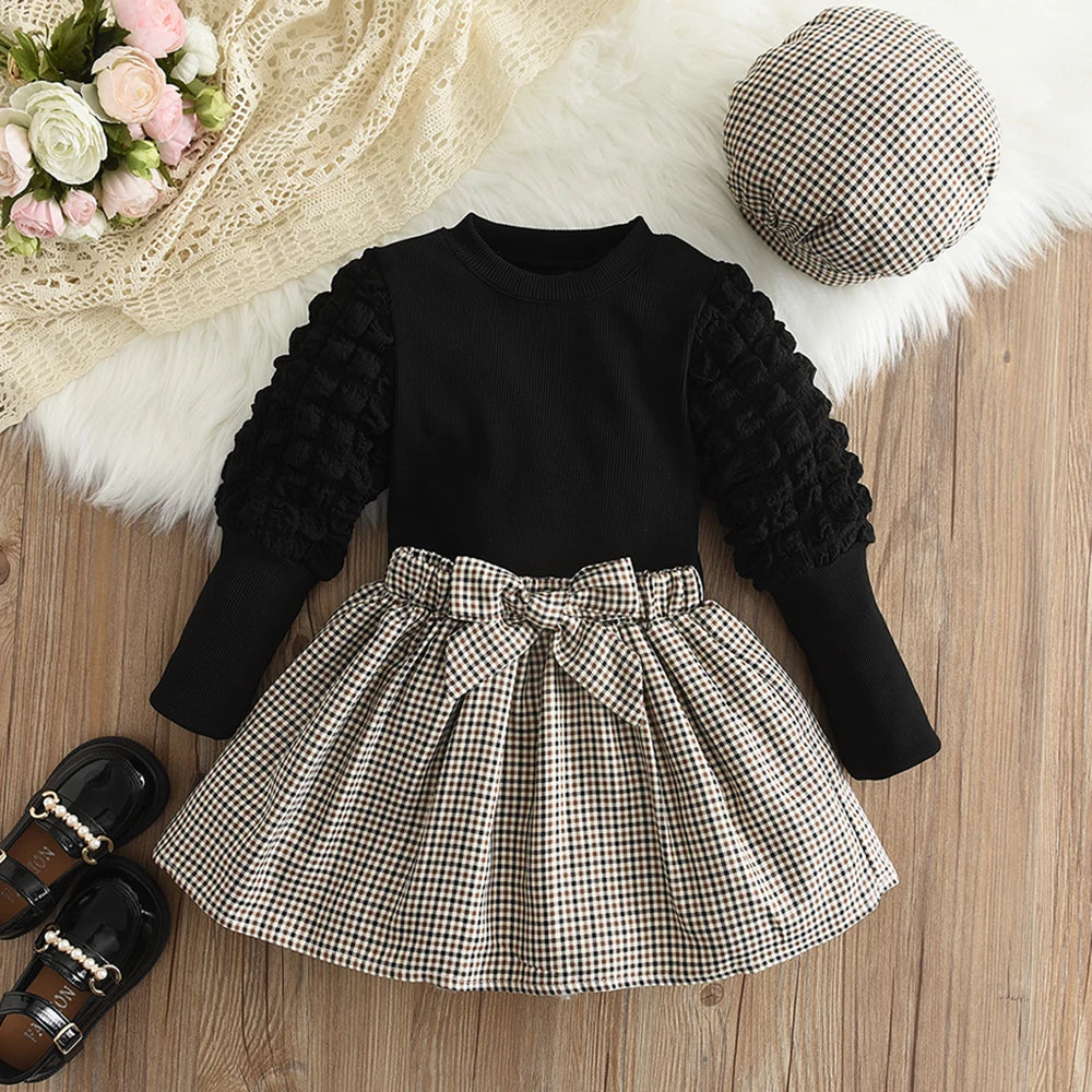 Girls' Set 2023 Autumn New Children's Round Neck Top+Bow Plaid Short Skirt+Hat Three Piece Children's Fashion Set