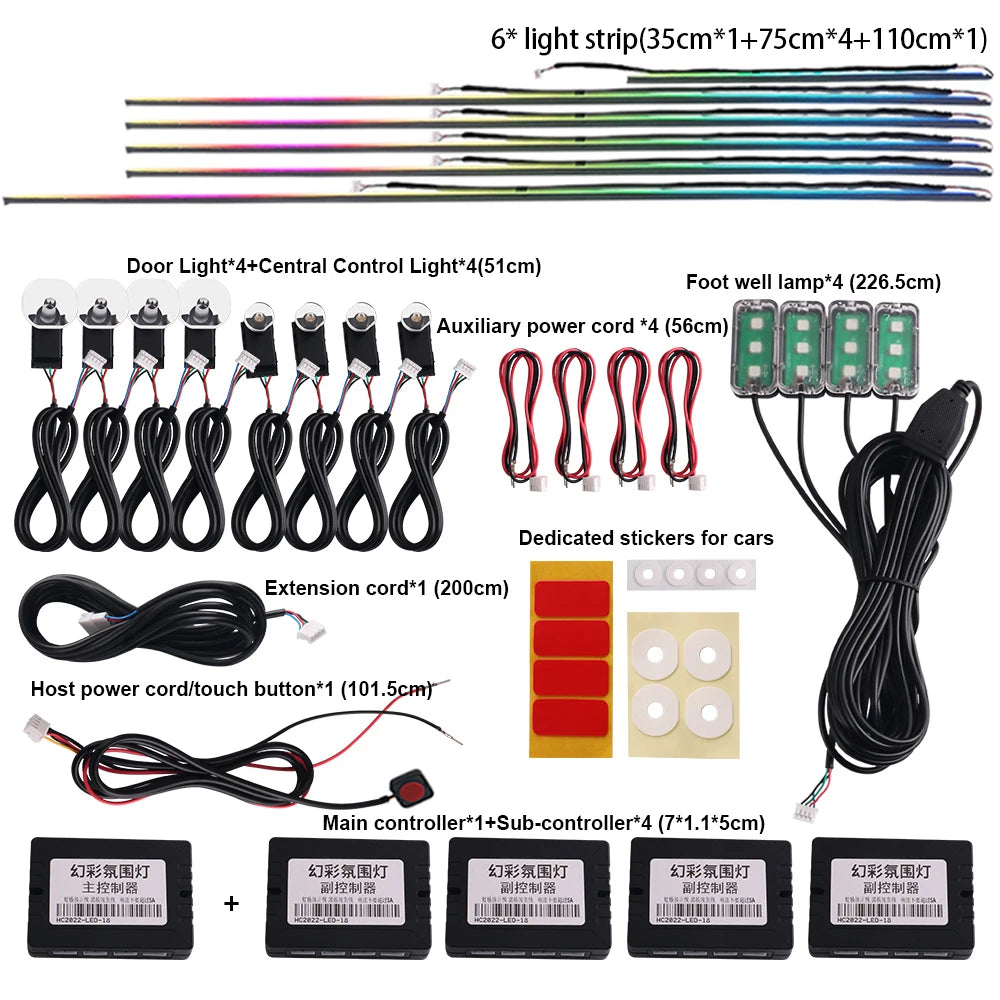 18'i 1 Arada Symphony Araba Ortam Işıkları LED RGB 64 Renk Gizli Neon Akrilik Şerit İç Atmosfer Lambaları Kiti Siyah Bant Etiketi