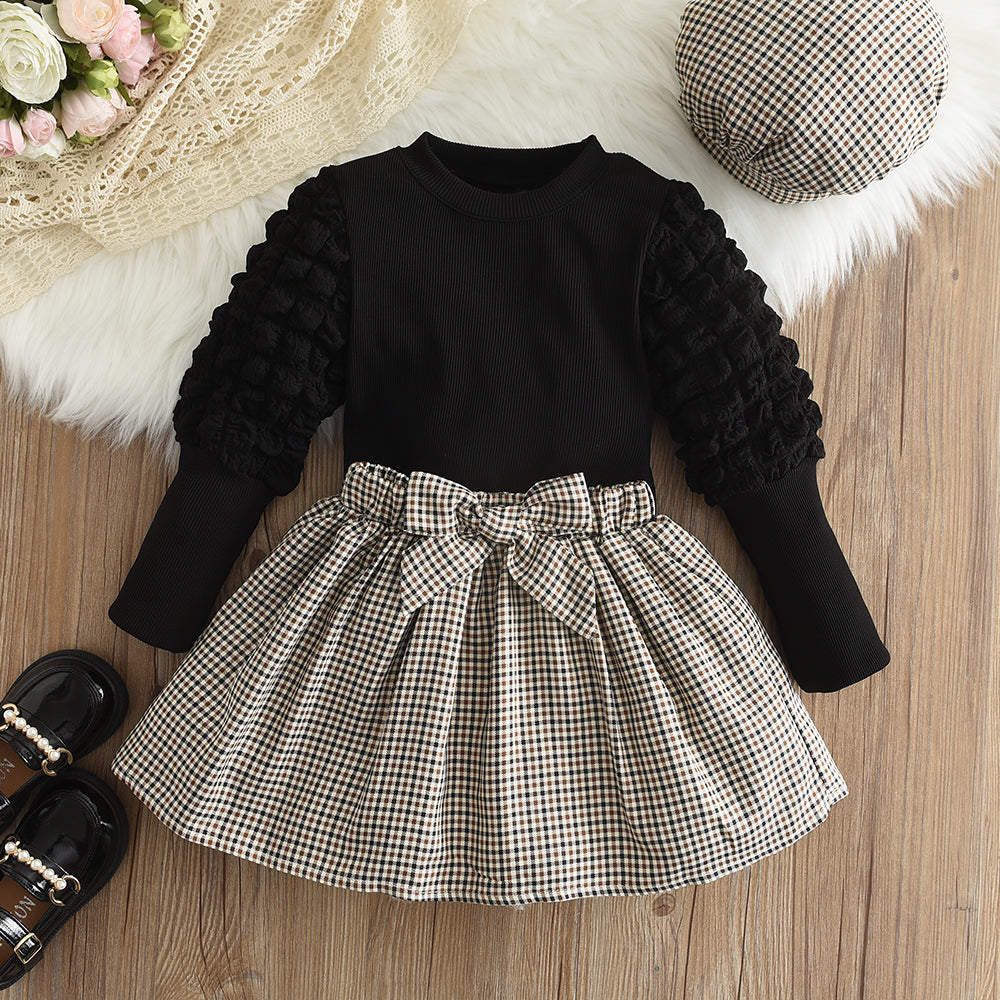 Girls' Set 2023 Autumn New Children's Round Neck Top+Bow Plaid Short Skirt+Hat Three Piece Children's Fashion Set