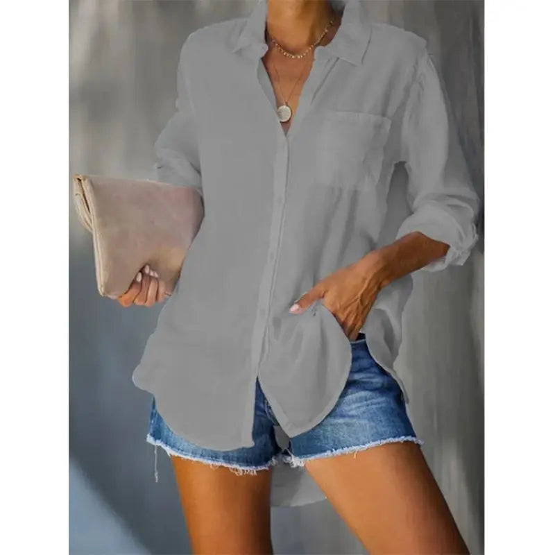 Spring/Summer New Women's Shirts Solid Color Large Casual Loose Polo Collar Button Shirt Women's Top