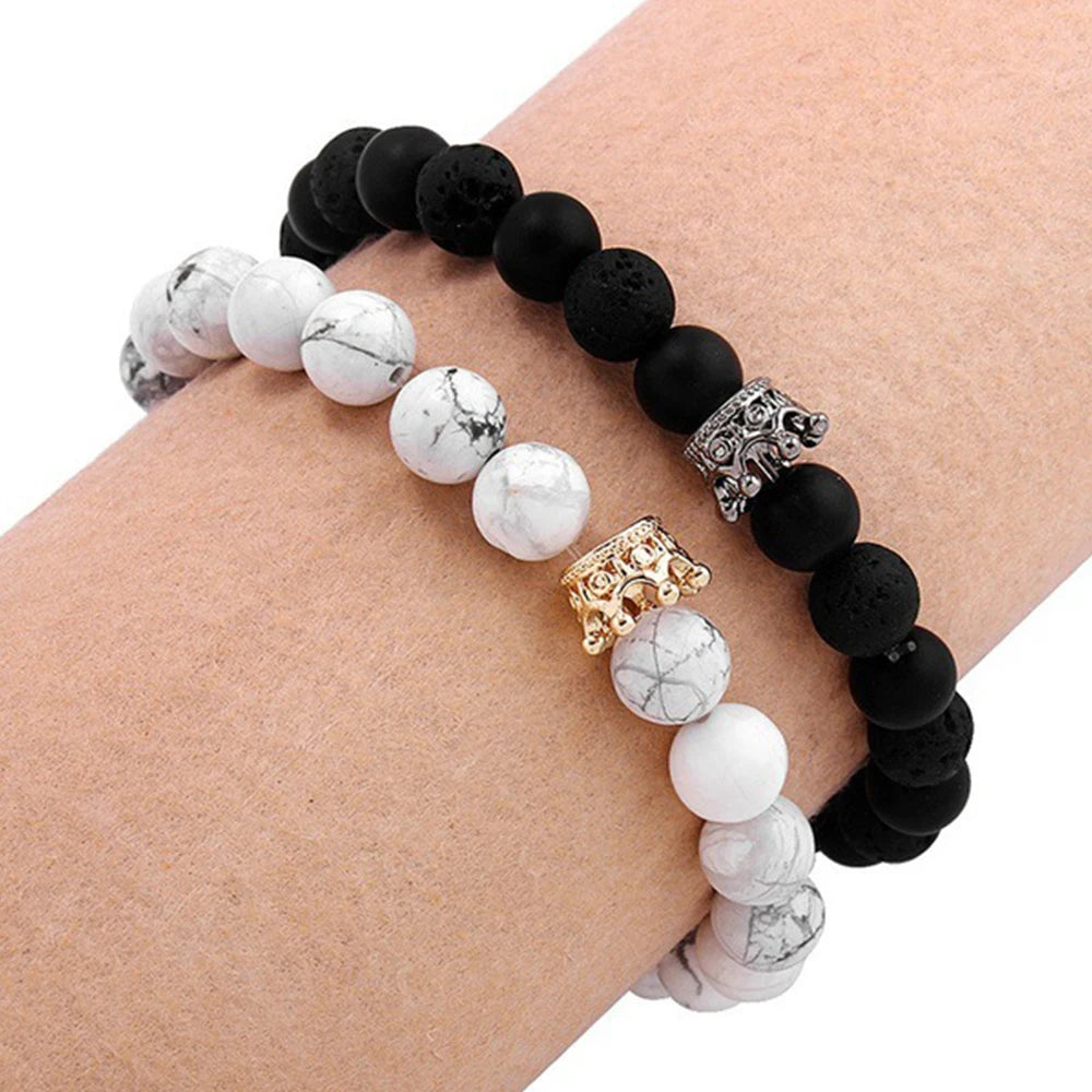 8mm Matte Black Onyx Beaded Bracelet Unisex Simple King Queen Diamond Crown Charms Bracelet For Couple Valentine'S Day Gifts