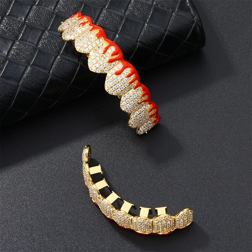 D&Z Hip Pop Bling Cubic Zircon Blood Teeth Grillz Set For Unisex Top Bottom Mouth Gold Silver Color Removable Dental Jewelry