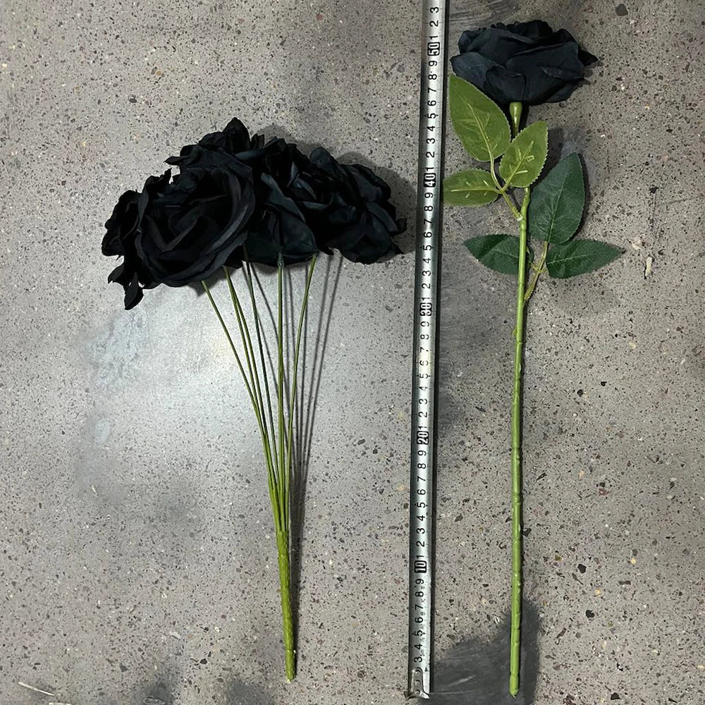 Black Silk Rose Gothic Artificial Flowers Bride Wedding Hand Holding Bouquet for Party Wedding Home Garden DIY Halloween Decor