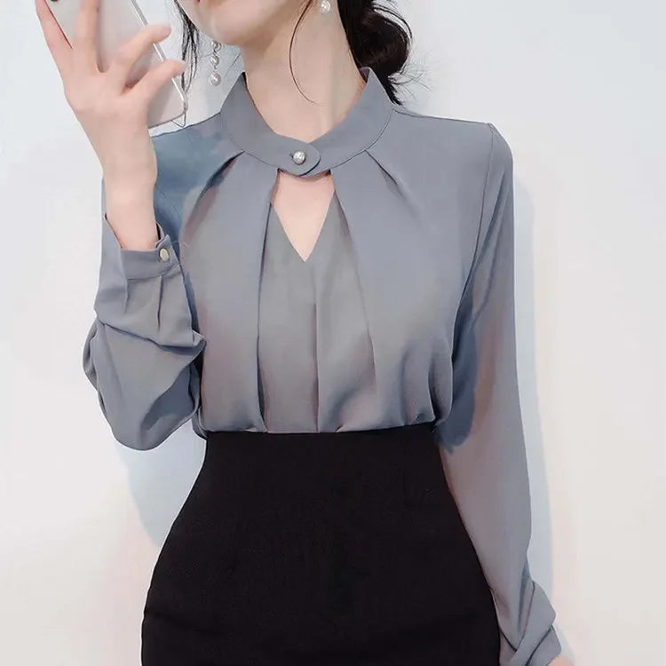 Elegant V-neck White Chiffon Shirt Women's Long Sleeve Professional Style Pullover Summer Top Stylish Business Casual Shirt