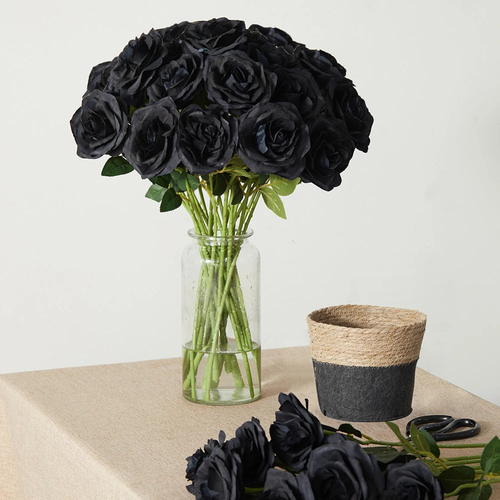 Black Silk Rose Gothic Artificial Flowers Bride Wedding Hand Holding Bouquet for Party Wedding Home Garden DIY Halloween Decor