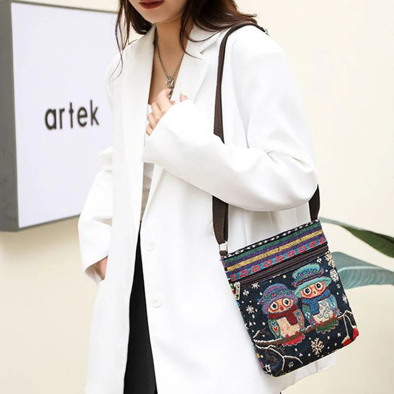 Women's Canvas Handbags Hot Sale Casual Shoulder Bag Owl Embroidered Ethnic Bag Vintage Messenger Bag Ladies Shoulder Bag