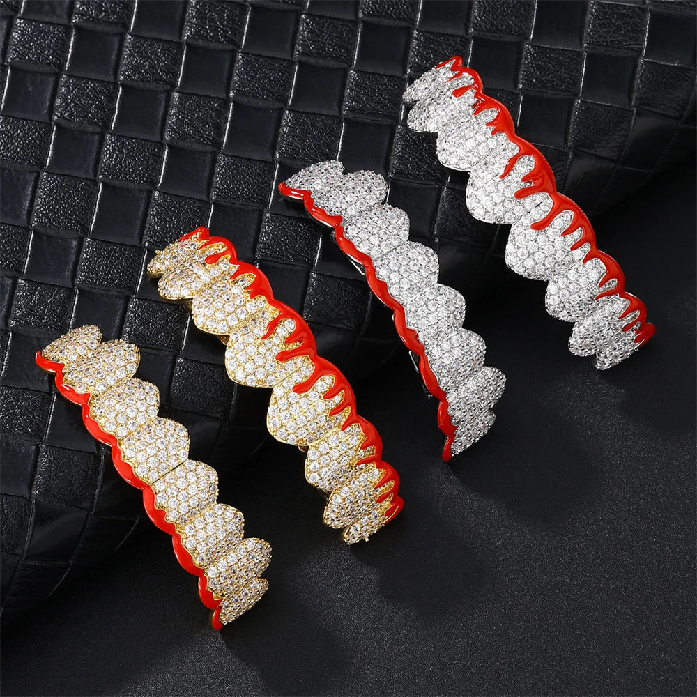 D&Z Hip Pop Bling Cubic Zircon Blood Teeth Grillz Set For Unisex Top Bottom Mouth Gold Silver Color Removable Dental Jewelry