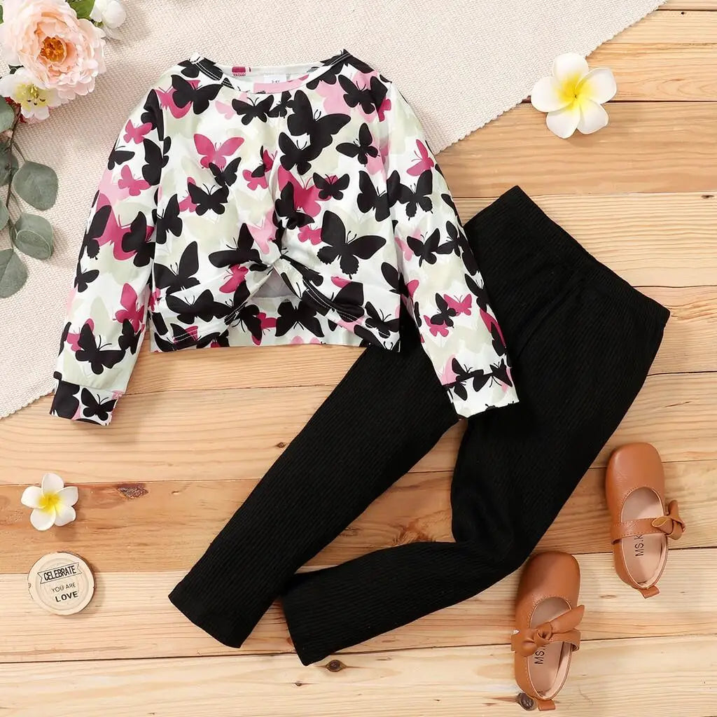 1-6Years Kids Girl Clothes Set Long Sleeve Butterfly Printed Top+Black Pants Fashion Spring&Autumn 2PCS Outfit for Children Girl