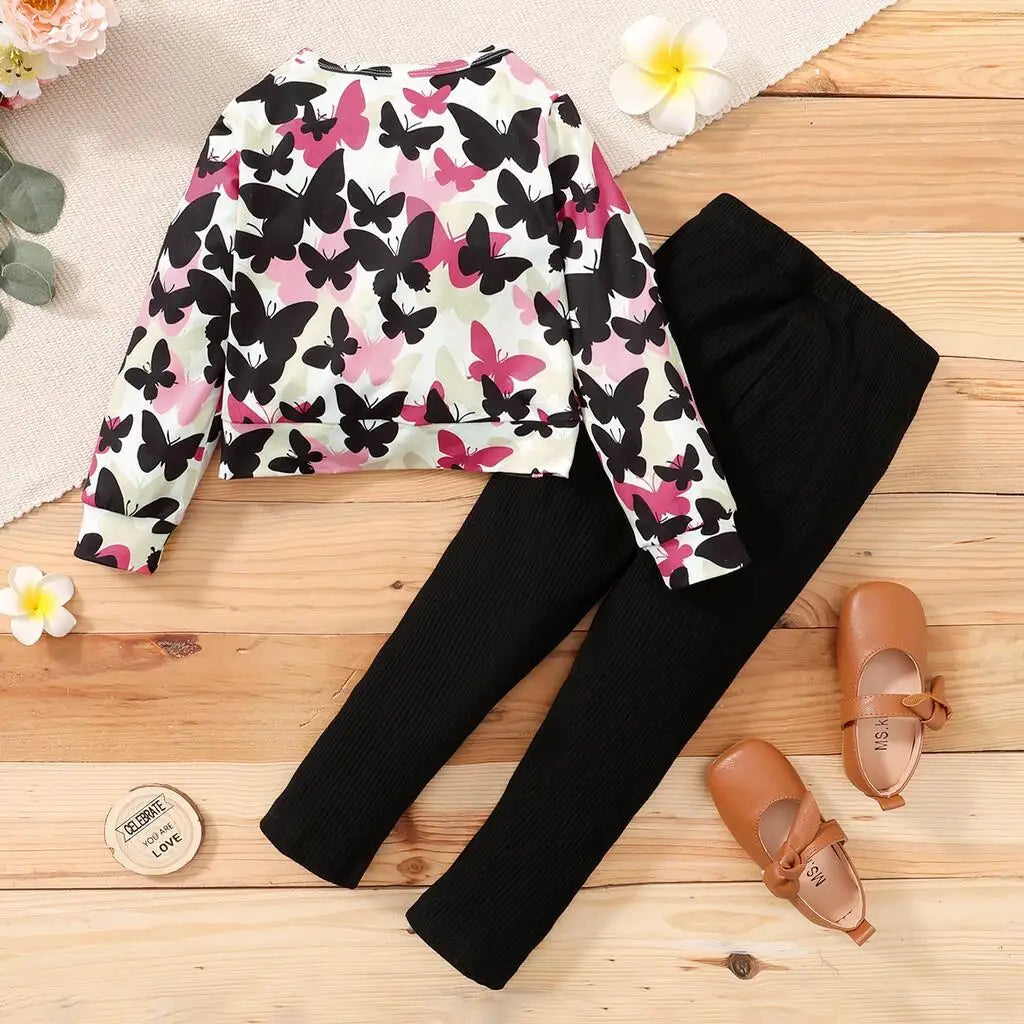 1-6Years Kids Girl Clothes Set Long Sleeve Butterfly Printed Top+Black Pants Fashion Spring&Autumn 2PCS Outfit for Children Girl