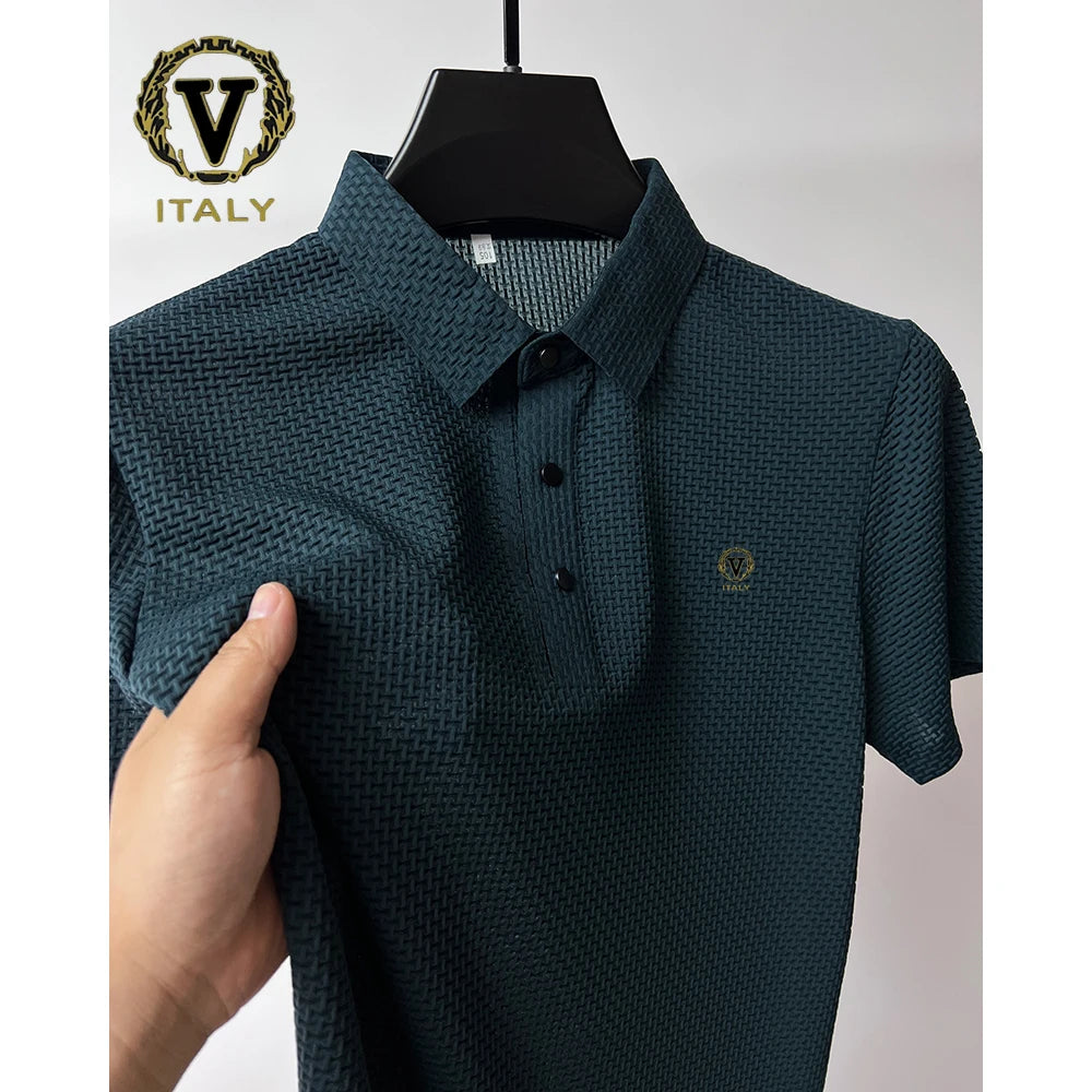 Trendy Printing Ice Silk Elastic Polo Shirt 2024 Summer T-shirt Men's Clothing Short Sleeved