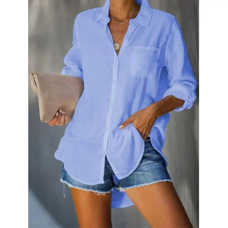 Spring/Summer New Women's Shirts Solid Color Large Casual Loose Polo Collar Button Shirt Women's Top