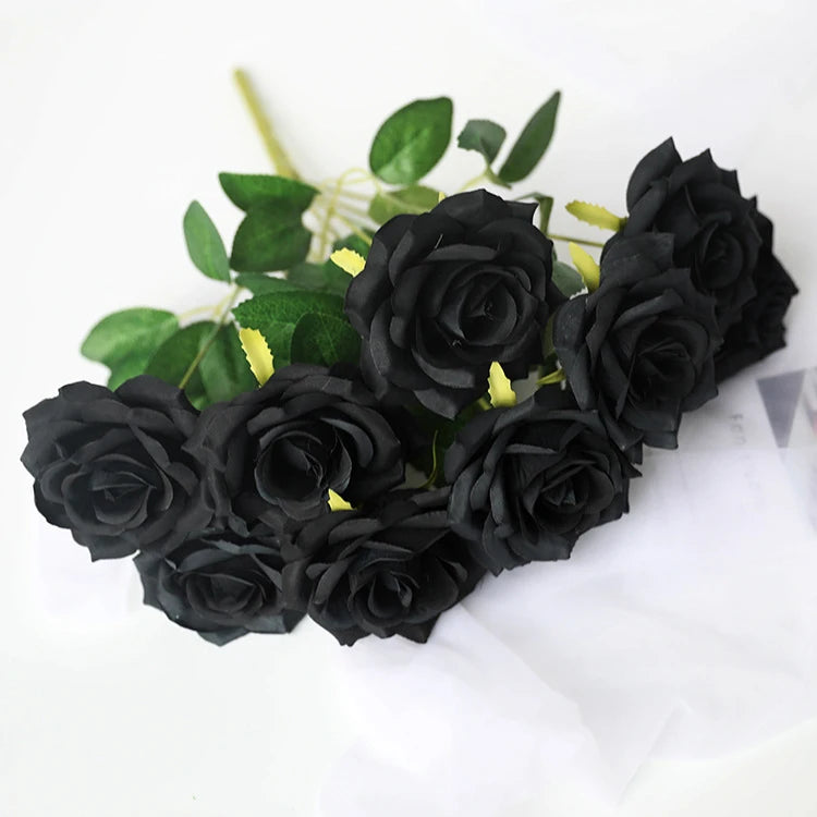 Black Silk Rose Gothic Artificial Flowers Bride Wedding Hand Holding Bouquet for Party Wedding Home Garden DIY Halloween Decor