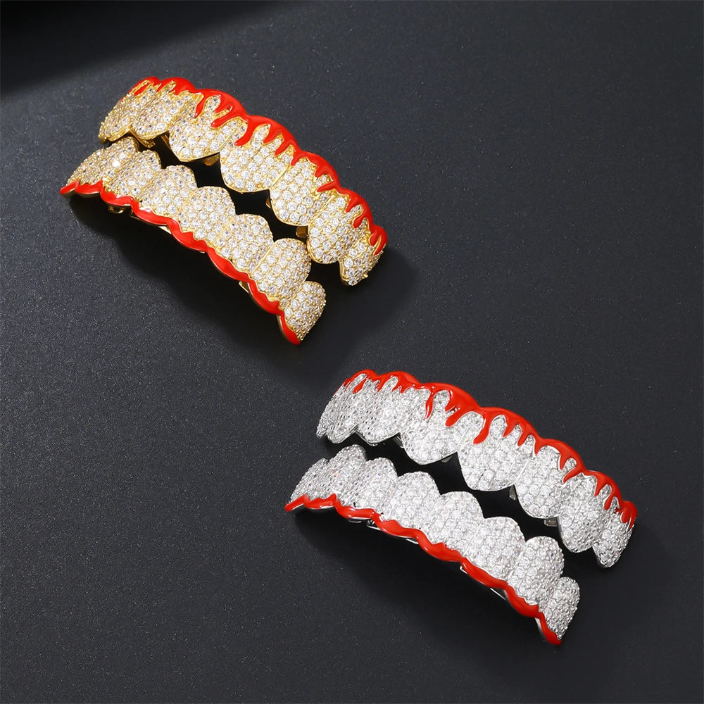 D&Z Hip Pop Bling Cubic Zircon Blood Teeth Grillz Set For Unisex Top Bottom Mouth Gold Silver Color Removable Dental Jewelry