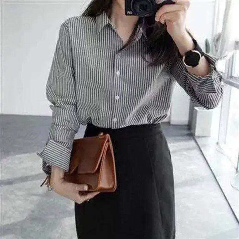 Lucyever Vintage Classic Striped Shirt Women Korean Loose Long Sleeve Office Ladies Shirts Autumn New Button Up Students Blusas