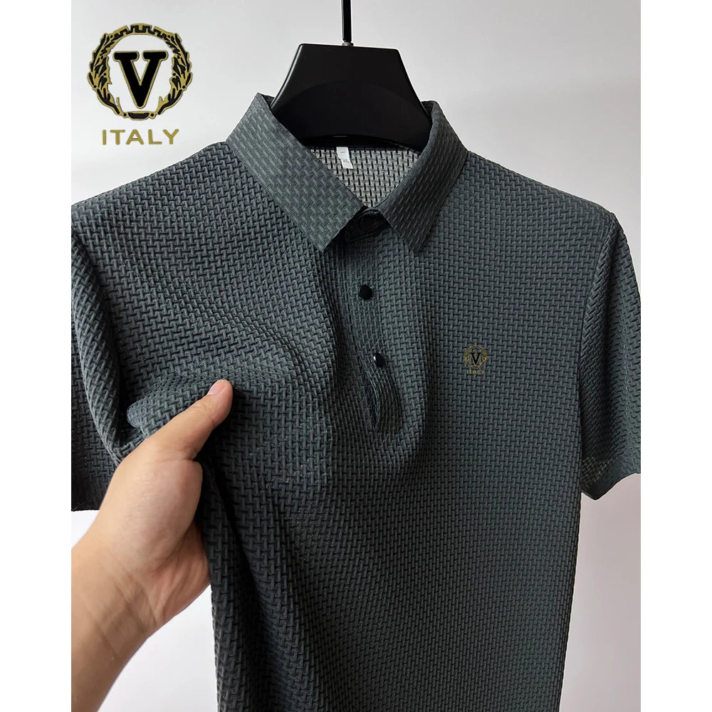 Trendy Printing Ice Silk Elastic Polo Shirt 2024 Summer T-shirt Men's Clothing Short Sleeved