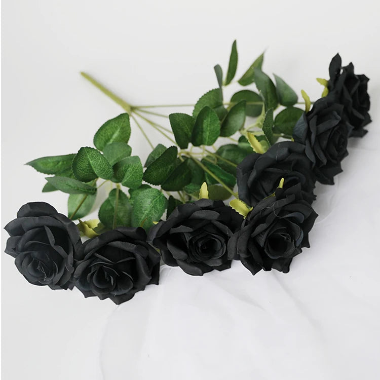 Black Silk Rose Gothic Artificial Flowers Bride Wedding Hand Holding Bouquet for Party Wedding Home Garden DIY Halloween Decor