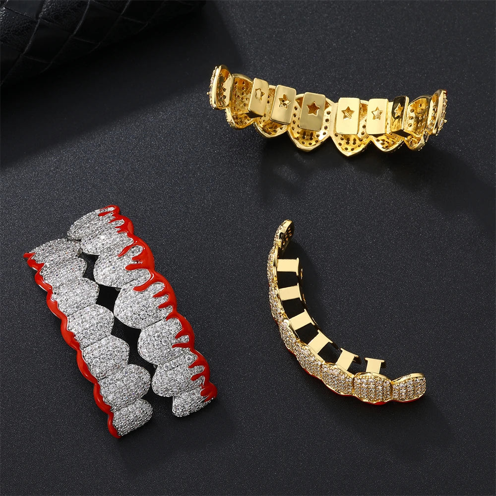 D&Z Hip Pop Bling Cubic Zircon Blood Teeth Grillz Set For Unisex Top Bottom Mouth Gold Silver Color Removable Dental Jewelry