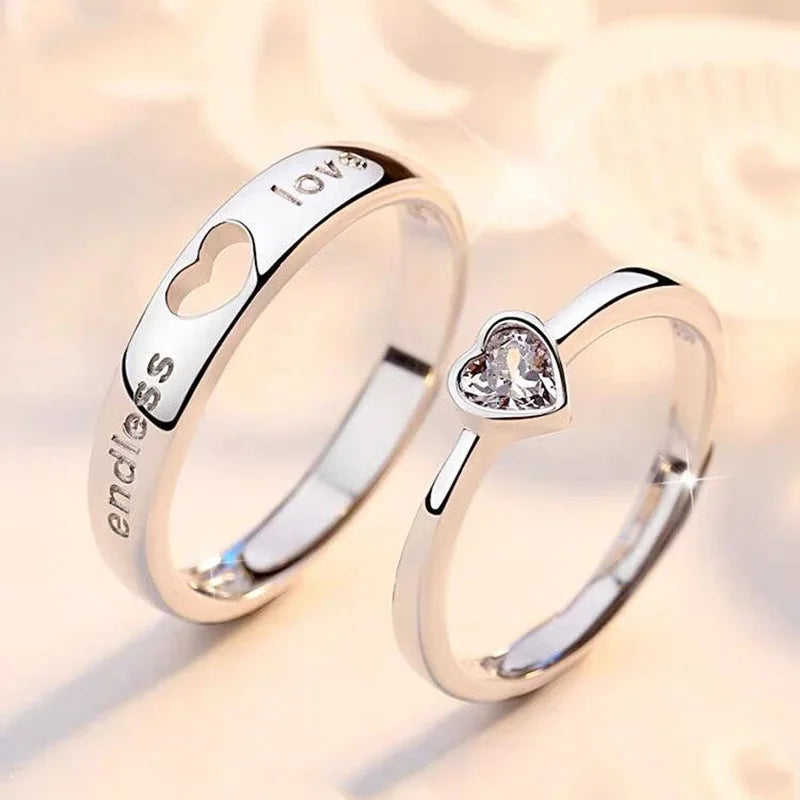 Zircon Love Heart Couple Rings for Women Men Lover Jewelry Silver Color Letter Ring Valentine's Day Girlfriends Gift