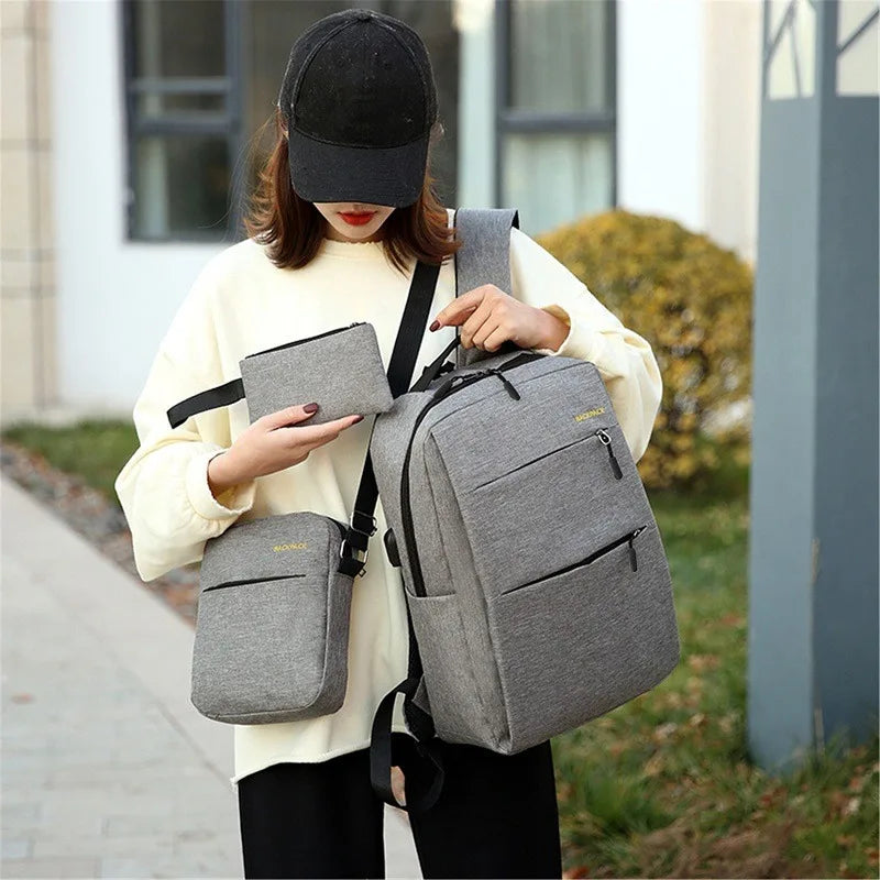 Men's Business Backpack USB Charging Casual Female Student School Bag Minimalist Fashion Computer Bags Three Piece Set