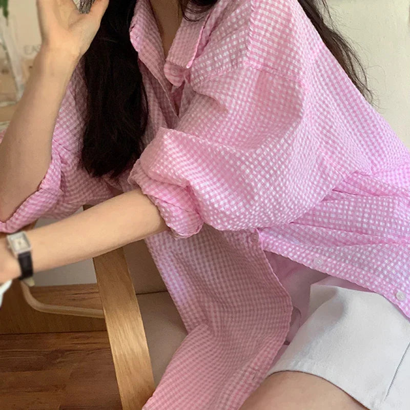 Korean Women's Shirt Sunscreen Long Sleeves Shirt Summer Women's Loose Casual Single Breasted Turndown Collar Plaid