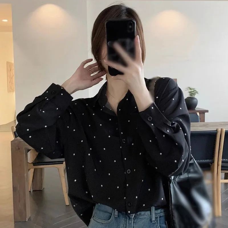 New Women Polka Dot Printed Blouse Long Sleeve Loose Turn-down Collar Ladies Shirts Top