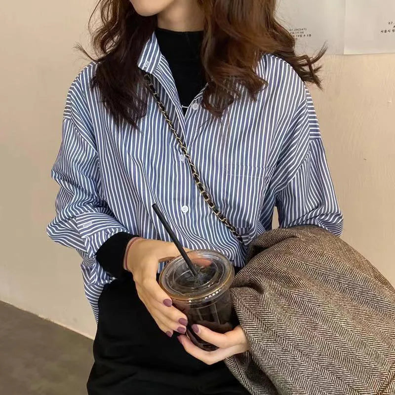 Lucyever Vintage Classic Striped Shirt Women Korean Loose Long Sleeve Office Ladies Shirts Autumn New Button Up Students Blusas