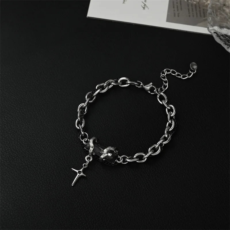 2024 Retro Black Zircon Star Bracelet For Women Men Trend Titanium Steel Punk Nk Chain Unisex Jewelry New Couple Accessories