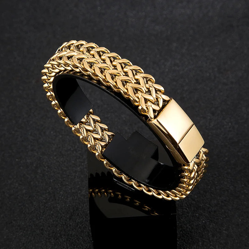 MKENDN Punk Men 12mm Wide Cuban Link Chain Bracelet Stainless Steel Motorcycle Bracelets Accessories Male Pulseira