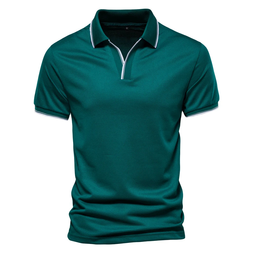 AIOPESON V Neck Polo Shirts for Men Solid Color Short Sleeve Classic Mens Polos 2022 New Summer Polo Shirt Men Clothing