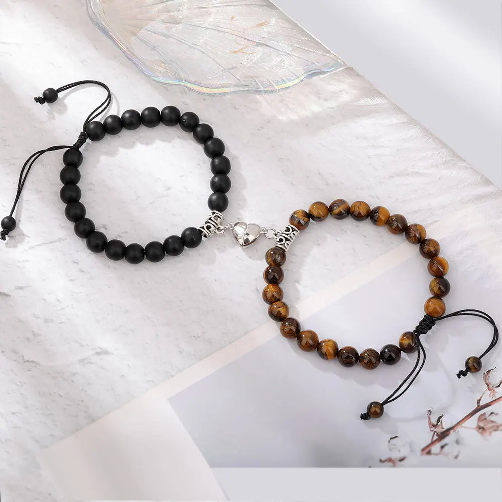 Romantic Natural Stone Couples Matching Bracelets for Women Men Heart Magnetic Distance Bracelet Yoga Jewelry Accessories