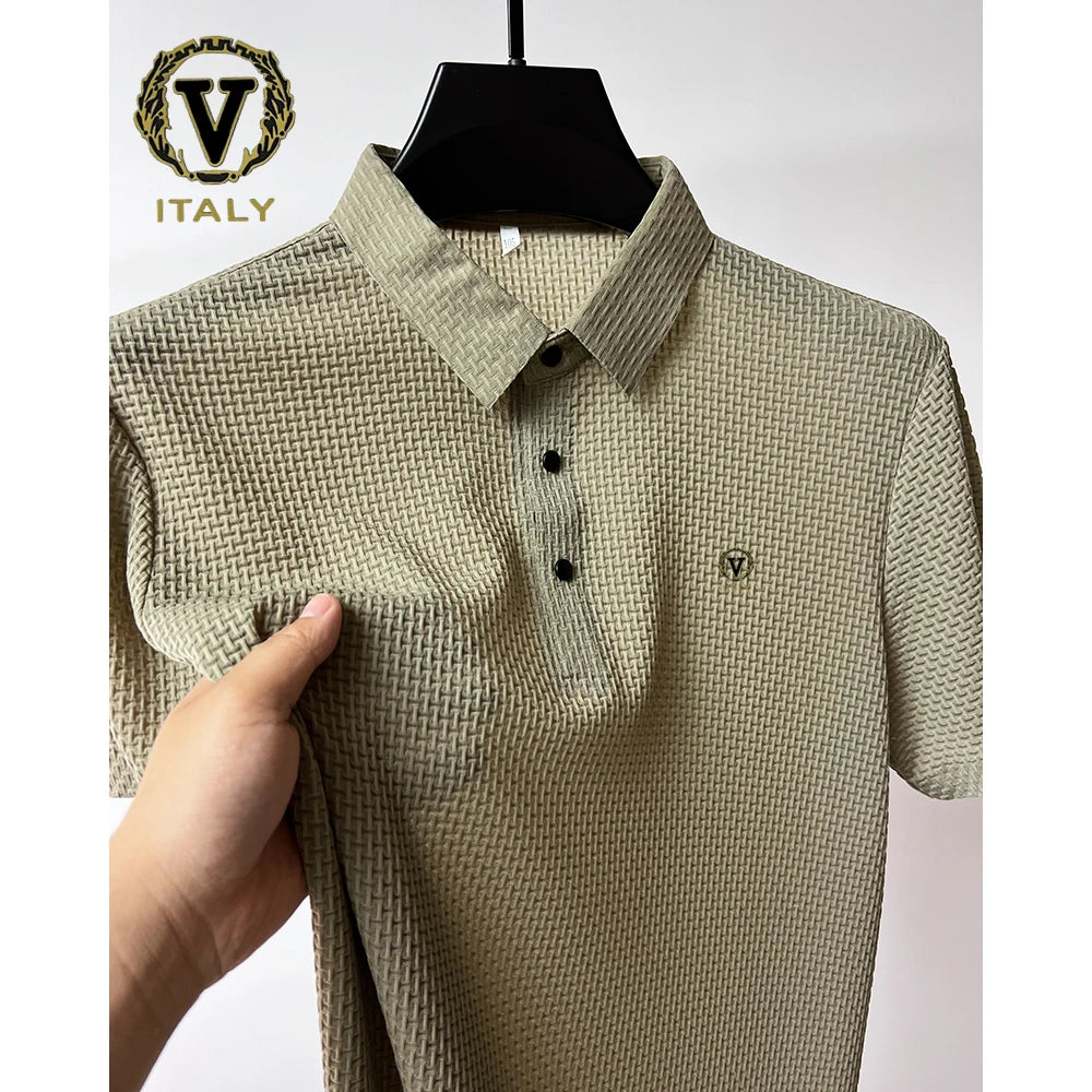 Trendy Printing Ice Silk Elastic Polo Shirt 2024 Summer T-shirt Men's Clothing Short Sleeved