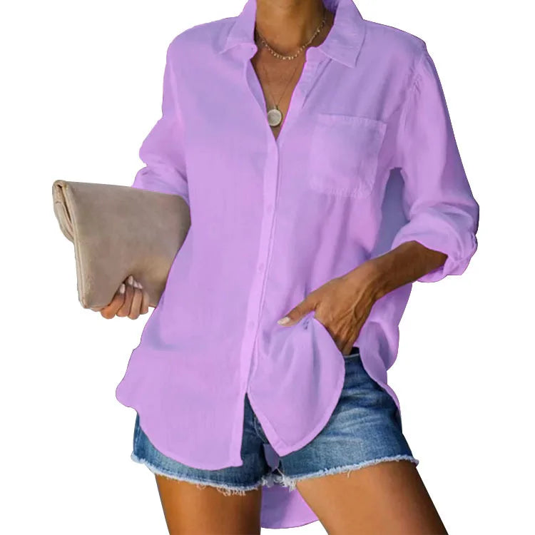 Spring/Summer New Women's Shirts Solid Color Large Casual Loose Polo Collar Button Shirt Women's Top