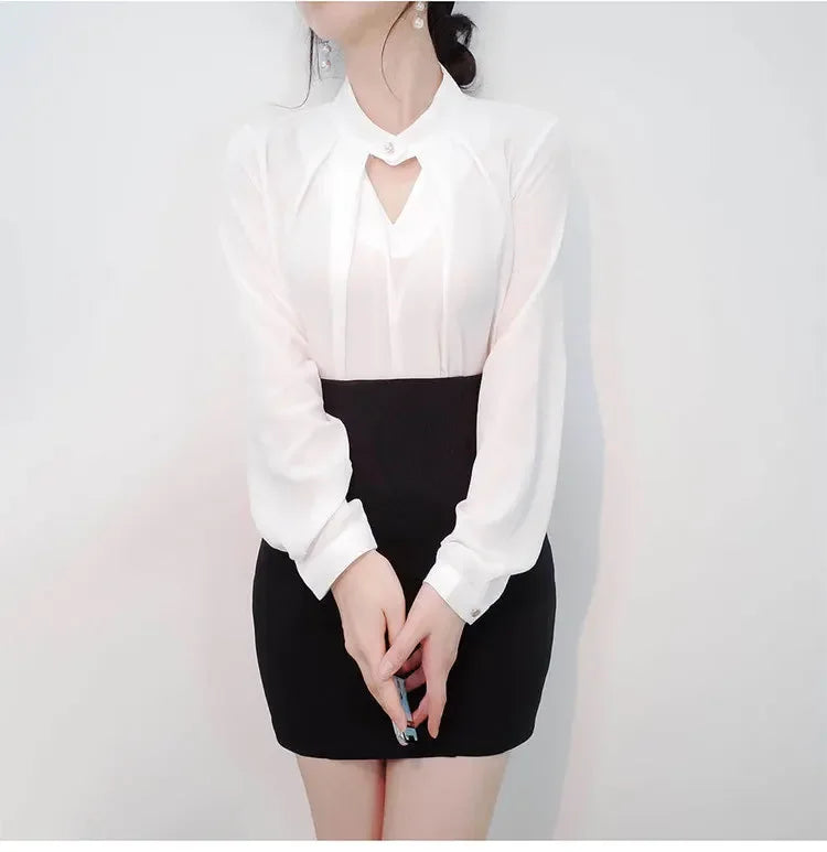 Elegant V-neck White Chiffon Shirt Women's Long Sleeve Professional Style Pullover Summer Top Stylish Business Casual Shirt