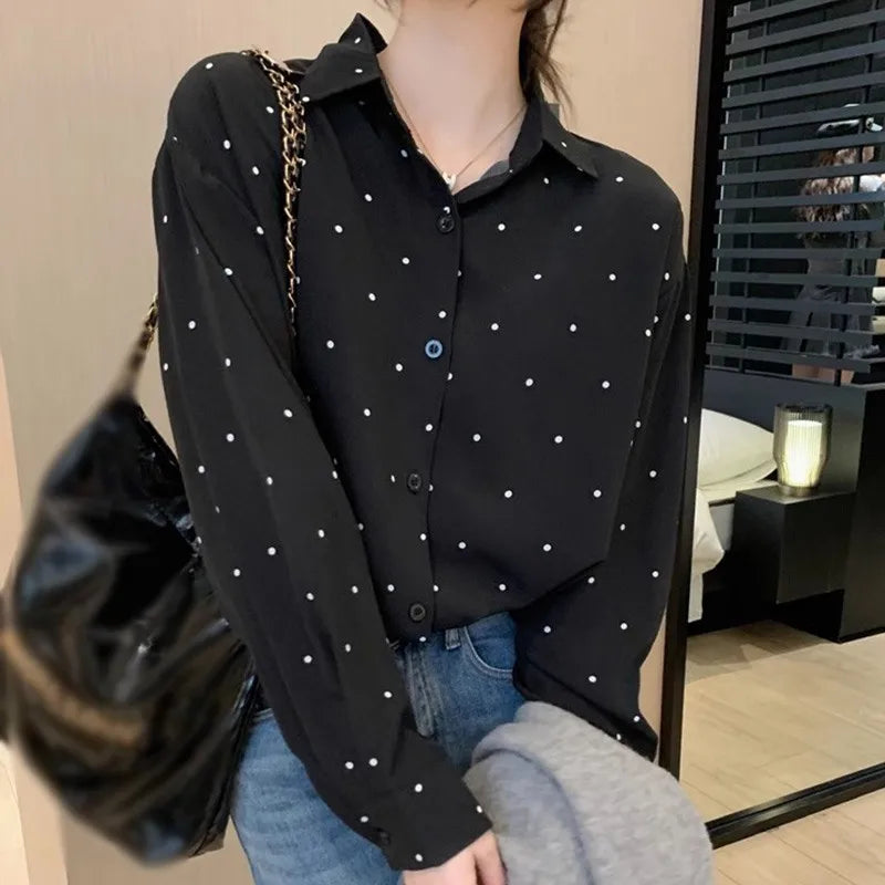 New Women Polka Dot Printed Blouse Long Sleeve Loose Turn-down Collar Ladies Shirts Top