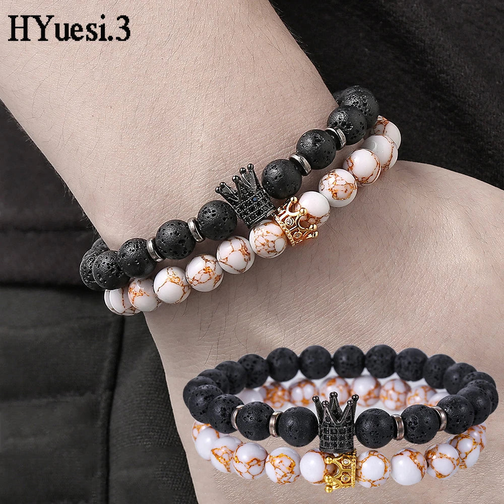 8mm Matte Black Onyx Beaded Bracelet Unisex Simple King Queen Diamond Crown Charms Bracelet For Couple Valentine'S Day Gifts